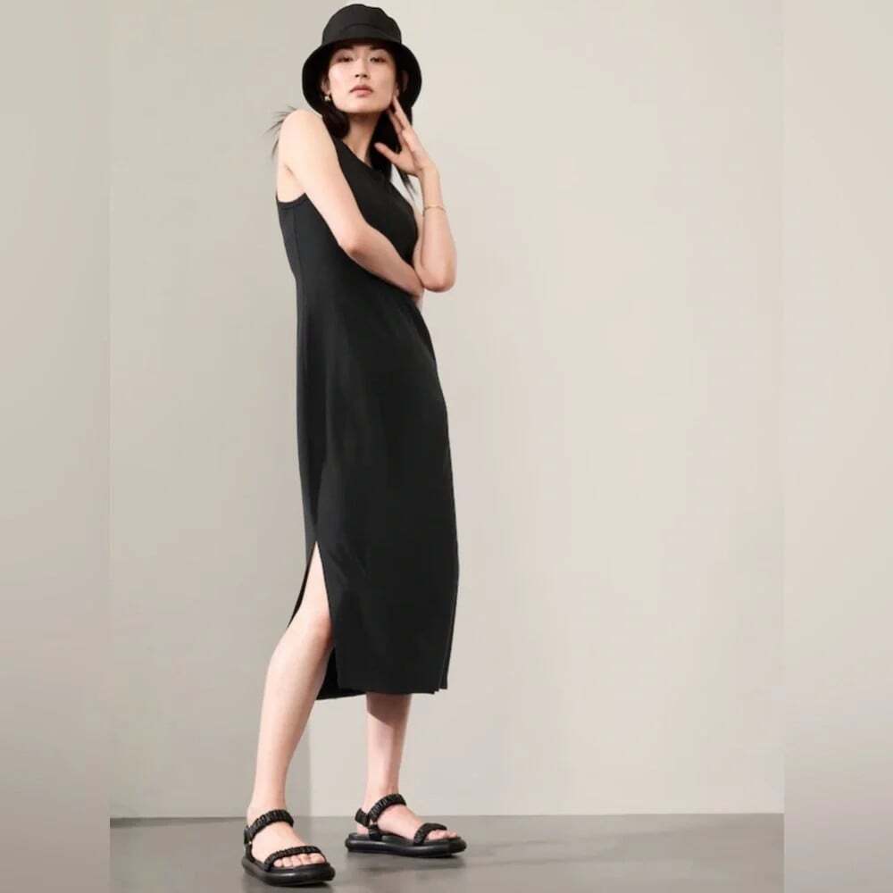Athleta Essential Midi Dress Size Small Tall Black Minimal Comfy Supima Cotton